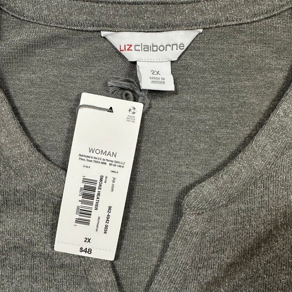 Liz‎ Claiborne Womens 2X Smoke Heather Metallic Henley Long Sleeve Top NWT - Picture 3 of 6